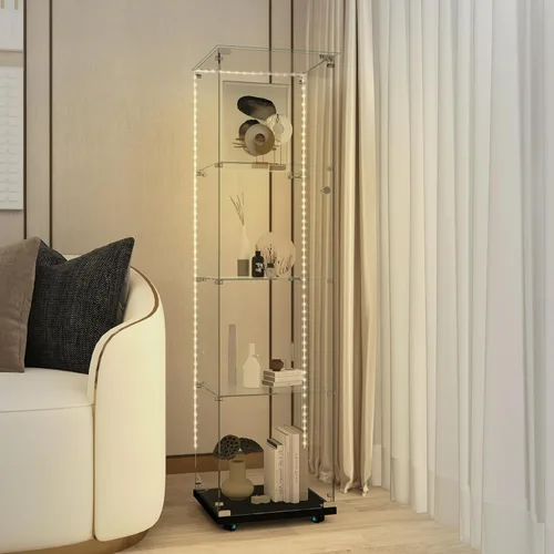 Vitrina de cristal con 4 estantes con tira de luces LED y cerradura, vitrina de vitrina con ruedas y 1 puerta, vitrina de vidrio templado para sala
