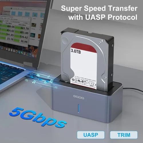 Vista 2 de GODO Adaptador de estación de acoplamiento para disco duro SAS/SATA, Caja externa SAS USB 3.0 de 2.5/3.5 pulgadas, convertidor HDD SSD con adaptador