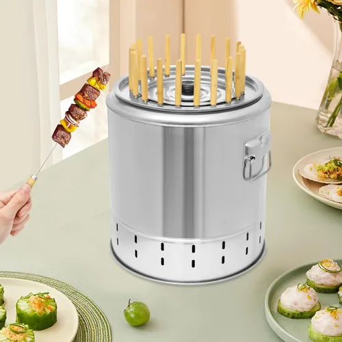 Vista 7 de Parrilla vertical portátil para ahumar carbón, parrilla de barril, 13.39 x 14.17 pulgadas, de acero inoxidable, envolvente, carbón Kebab, parrillas