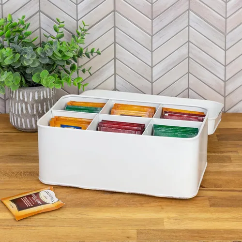 Vista 4 de AuldHome Farmhouse - Caja de té (blanca), estilo retro vintage esmaltado, lata de almacenamiento de té