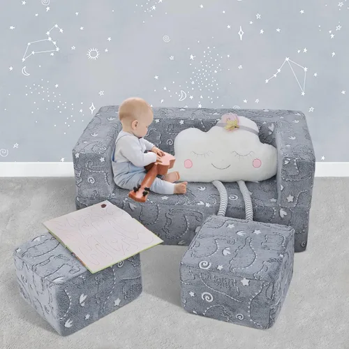 Vista 2 de MeMoreCool Sofá para niños sofá infantil con pepitas para niños dinosaurio que brilla en la oscuridad sofá plegable 3 en 1 sofá modular para niños