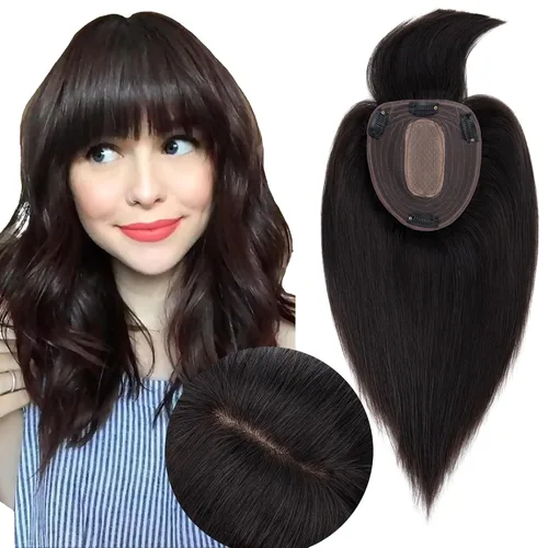 Vista 10 de Toppers de cabello humano real para mujer, sin flequillo, más grande de 5.1 x 5.9 in, base de seda, 150% de densidad, con clip, piezas superiores