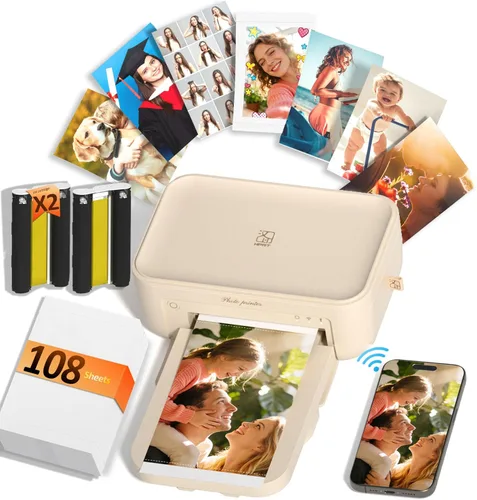 HPRT CP4100 - Impresora fotográfica de 4 x 6 con 108 hojas y 2 cintas, impresión Wi-Fi por sublimación de tinte térmico a todo color, impresora