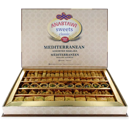 Anabtawi Middle Eastern Sweets - 70 piezas surtidas de Baklava, pistacho y almendras pastelería - Caja de regalo tradicional árabe de Baklava - Sin