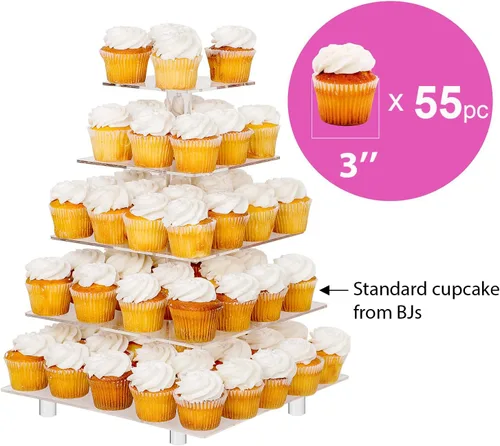 Vista 3 de Jusalpha Soporte cuadrado de 5 niveles para cupcakes con luz, soporte para cupcakes de alta calidad, bandeja para servir, torre acrílica