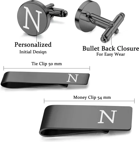 Vista 6 de LOYALLOOK 4Pcs Stainless Steel Engraved Initial Cufflinks and Tie Bar Money Clip Set Personalized Button Shirt Initials Tie Clip Alphabet Letter A-Z