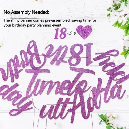 Vista 6 de Decoraciones moradas de cumpleaños número 18 para niñas, banda, tiara de 40 pulgadas, globos de papel de aluminio, globos de confeti de oro rosa