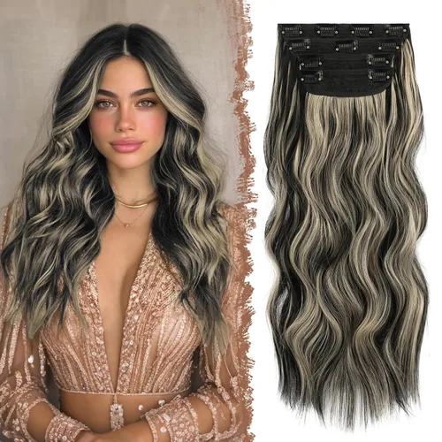 Vista 13 de FESHFEN Extensiones de cabello con clip - 4 piezas Extensiones de cabello sintético ondulado largo y grueso con clip para cabeza completa