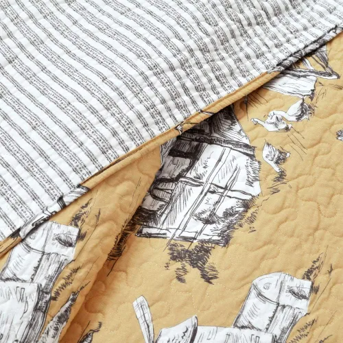 Vista 5 de Lush Decor French Country Toile - Juego de edredón reversible de algodón, tamaño King, 3 piezas, amarillo y gris, juego de ropa de cama vintage