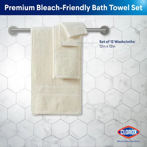 Vista 2 de CLOROX Toallitas de baño 100% algodón aptas para usar blanqueador, de secado rápido (12" x 12"), altamente absorbentes, suaves y ligeras, ideales