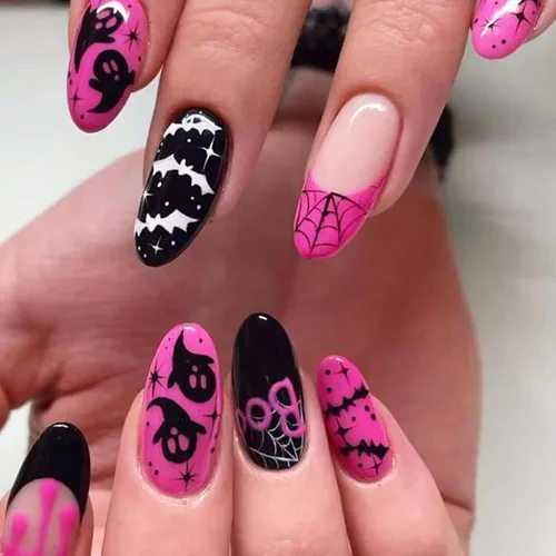 Vista 20 de Paquete de 6 144 uñas acrílicas de Halloween a presión, uñas postizas reutilizables de cobertura completa, uñas postizas adhesivas con pegamento