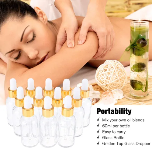 Vista 2 de PrettyCare Botellas de cristal con cuentagotas de 2 onzas líquidas, 12 botellas transparentes vacías gruesas a granel con tapas doradas a prueba