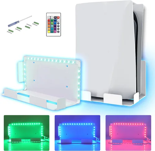 NexiGo Soporte de pared PS5 con luz LED RGB - Soporte de pared para consola Playstation 5 disco y digital - Control remoto iluminación colorida -