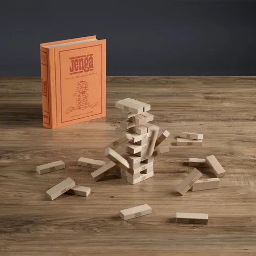 Vista 2 de WS Game Company Jenga - Estantería vintage con funda y funda envuelta en lino, 54 bloques de madera dura y funda apilable, juego clásico de Jenga