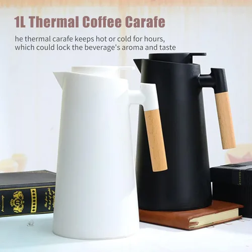 Vista 5 de Irishom Jarra térmica de doble pared de 1 litro, olla térmica al vacío con mango de madera, hervidor de agua, frasco aislado, jarra de té que Negro