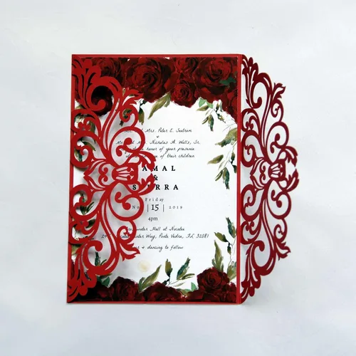 Vista 13 de 25 tarjetas de invitaciones de boda cortadas con láser verde oliva con sobres, hojas interiores en blanco, cintas para boda, despedida de soltera