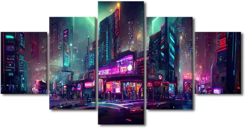 Vista 73 de Póster de 5 paneles en lienzo para decoración de pared, diseño de centro urbano Cyberpunk, impresión moderna, decoración de pared para el hogar