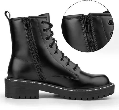 Vista 4 de ICHIGO - Botines al tobillo de moda para mujer, botas de combate con 8 ojales, cremallera lateral y cordones