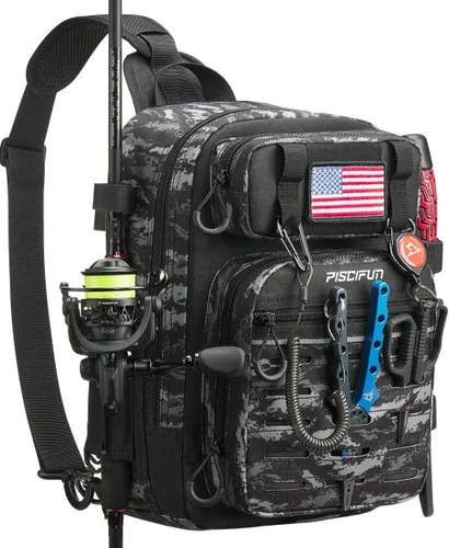 Vista 8 de Mochila Piscifun impermeable, de un solo hombro para almacenar los aparejos de pesca. Bolsa de correa cruzada multifuncional para camping