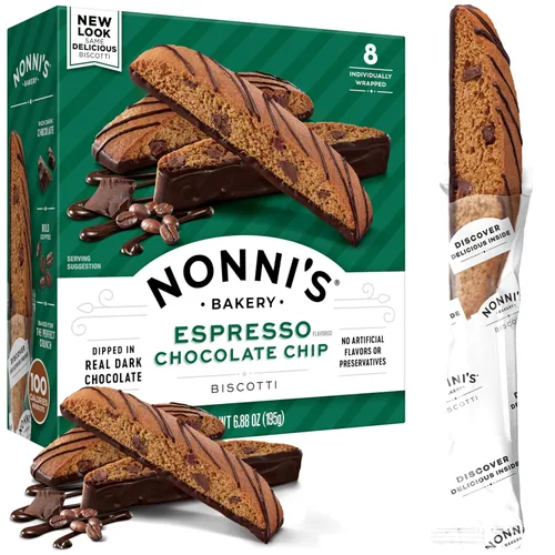 Nonni's Espresso Chocolate Chip Biscotti - Galletas italianas de espresso, chispas de chocolate y chocolate negro, empaque individual, galletas