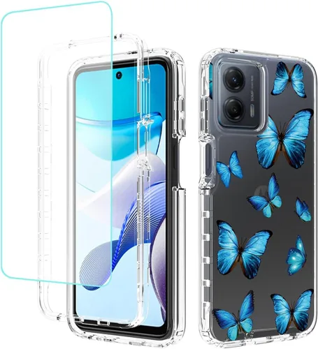 Funda para Moto G 2023, para Motorola G5G 2023 con protector de pantalla de vidrio templado, cuerpo completo transparente floral TPU delgado funda