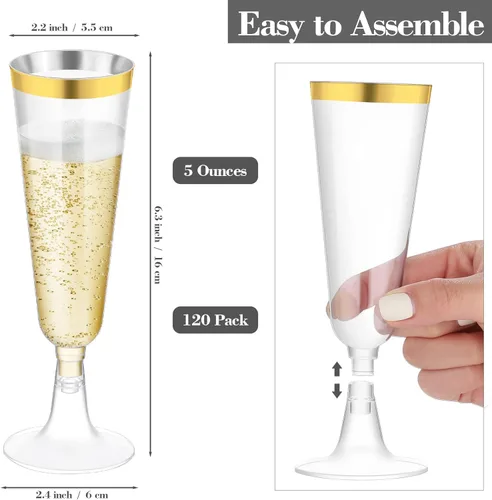Vista 2 de Ruisita Paquete de 120 copas de champán de plástico de 5 onzas, copas de champán de plástico desechables para fiestas, copas de brindis Dorado