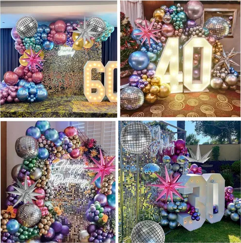 Vista 5 de FOTIOMRG Kit de arco de globos de discoteca de 135 piezas con globos de bola de discoteca, globos metálicos plateados, azul, verde, morado, rosa
