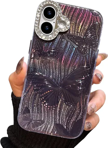 Vista 128 de I-MGAE-IN-AR - Funda diseñada para iPhone 12 y 12 Pro, diseño de mariposa plateada brillante, funda protectora de poliuretano termoplástico, suave