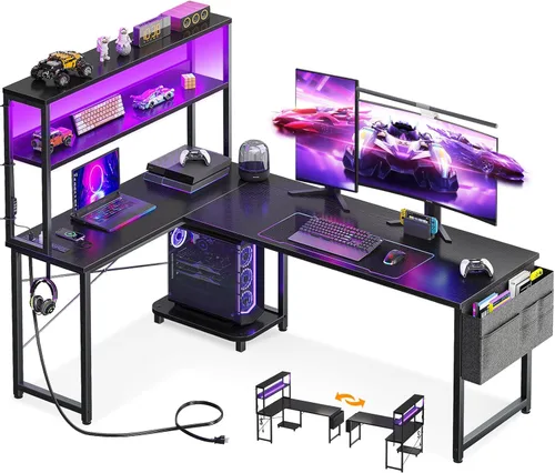 Vista 16 de AODK Escritorio en Forma de L para Gaming con Luz LED y Toma de Corriente, Mesa de Computadora Reversible en Forma de L de 43 Pulgadas con Estante