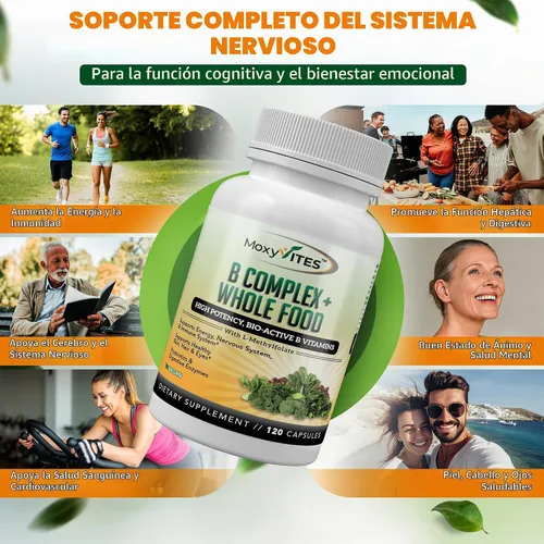 Vista 3 de Vitamina B Complex - Vitaminas B Complejo alimenticio integral, B12 Metilcobalamina, B1, B2, B3, B5, B6, B7, B9 - para estrés, energía y apoyo