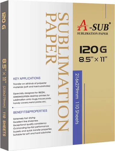 A-SUB - Papel de sublimación de 8.5 x 11 pulgadas, 120 gsm, 110 hojas - Compatible con impresoras de inyección y tintas de sublimación, alta