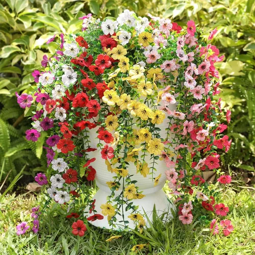 Vista 18 de Flores artificiales para exteriores, flores artificiales colgantes para decoración de otoño, 6 piezas resistentes a los rayos UV, flores de seda