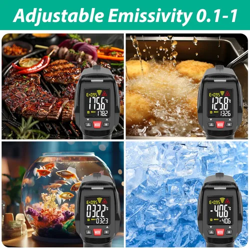 Vista 6 de Termómetro infrarrojo, pistola de temperatura láser de termopar tipo K, medición máxima de emisividad ajustable, pistola de calor exterior sin