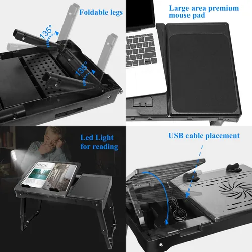 Vista 5 de TeqHome Escritorio para computadora portátil para cama, mesa ajustable con ventilador, escritorio portátil de regazo, patas plegables, soporte