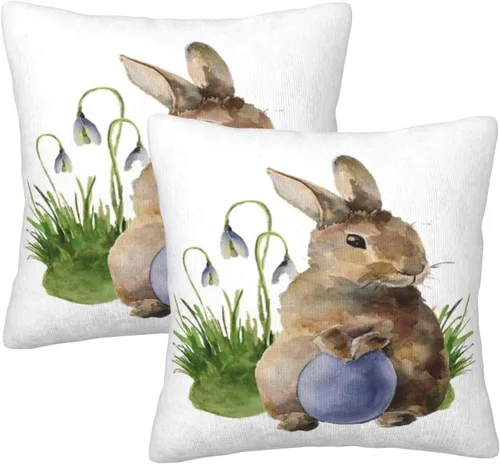 Juego de 2 fundas de almohada decorativas de conejo de Pascua de 16 x 16 pulgadas, con diseño de conejos y hojas de primavera, fundas de almohada de
