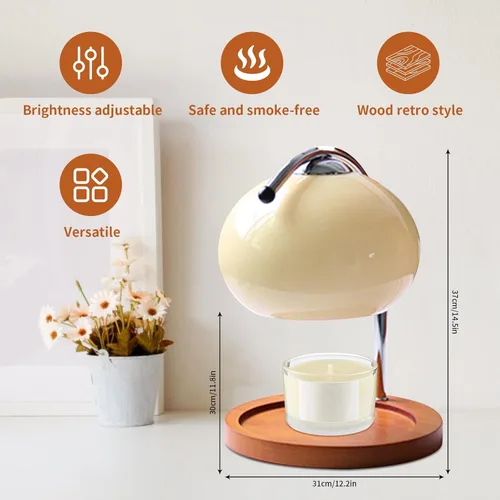 Vista 7 de Topyond Lámpara de fusión de cera aromática, bandeja de almacenamiento de madera retro, calentador de velas de vidrio, lámpara de escritorio