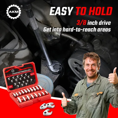 Vista 7 de AKM Juego de llaves para patas de gallo de 3/8 pulgadas, juego de llaves de tuerca abocardada de acero Cr-v de 18 piezas, pata de gallo de tuerca
