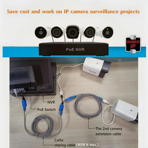 Vista 3 de Combinador Ethernet RJ45 de 4 pares, divisor PoE Cat5, adaptador 2 en 1 (2 cámaras sobre 1 cable) para 8 cámaras de seguridad IP NVR sistema
