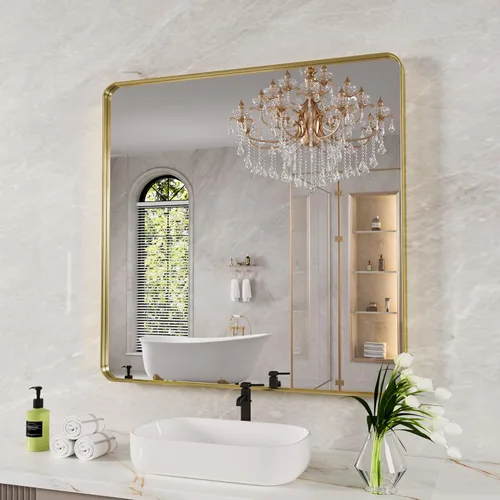 Vista 95 de JISOSO - Espejo de baño negro de 20x30 pulgadas con marco de metal negro, espejo de tocador rectangular redondeado con acabado mate para pared