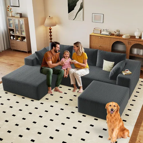 Vista 33 de Sofá modular de 95 pulgadas con otomana, moderno sofá nube de pana con asiento profundo, sofá sin hueso tapizado de 3 plazas en forma de U para sala