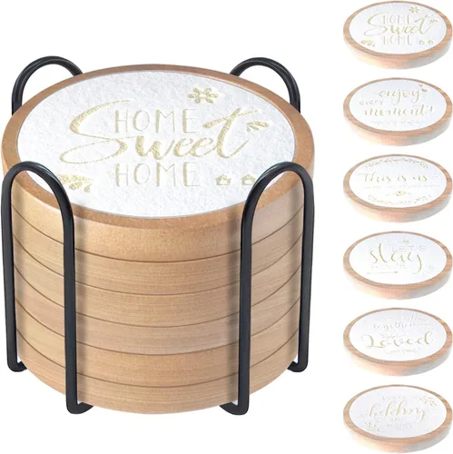 Vista 14 de Posavasos de madera para bebidas, Minacun conjuntos de posavasos absorbentes de 5, posavasos para bebidas para protección de mesa de café