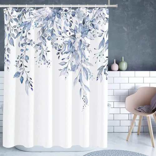 Vista 24 de Tititex - Juego de cortinas de ducha de eucalipto negro, hojas de acuarela gris en la parte superior, con decoración floral de baño, 60 x 72