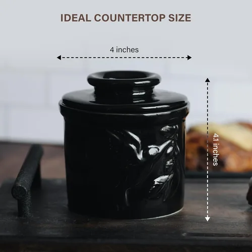 Vista 5 de JBK Pottery Mantequilla de cerámica con tapa, plato de mantequilla francesa para mostrador, manteca para mantequilla fresca y untable - Negro