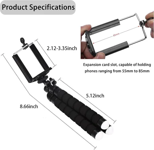 Vista 2 de Mini trípode, trípode de esponja con soporte para teléfono, soporte flexible con control remoto inalámbrico y abrazadera para teléfono inteligente