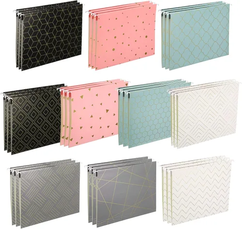 Vista 8 de Janmini 30 carpetas colgantes de color macarrón con proceso de estampado en lámina, incluyendo pestañas e insertos ajustables, tamaño carta