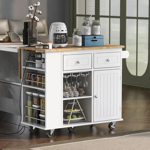 Vista 112 de LUMISOL Carrito de isla de cocina con ruedas de bloqueo con 2 cajones y 4 gabinetes, isla de cocina rodante con estantes ajustables, mesa de madera