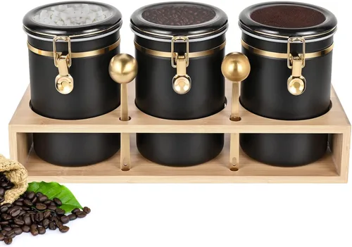 Vista 10 de Yangbaga Botes de café de acero inoxidable 304 para café molido, 2 recipientes de café de 63 onzas con estante de almacenamiento de granos de café