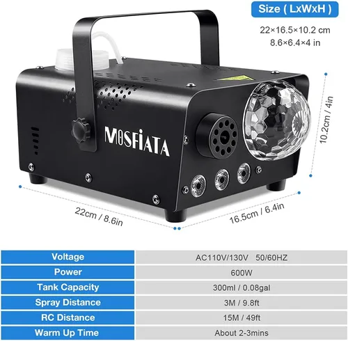Vista 5 de MOSFiATA Máquina de niebla con luces de bola de discoteca de 600 W, con luces LED RGB, 2300 CFM, control remoto, perfecta para Halloween, Navidad