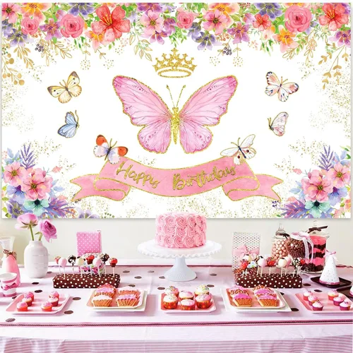 Vista 4 de Decoraciones de fiesta temática de mariposas, decoraciones de cumpleaños de mariposa con kit de arco de globos rosa y morado, telón de fondo
