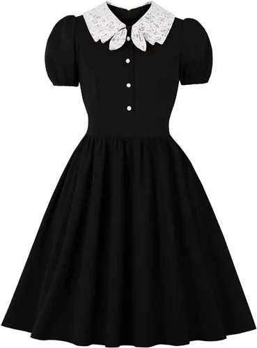 Vestido gótico para mujer, con volantes, cuello en contraste, estilo retro, negro, falda acampanada gótica